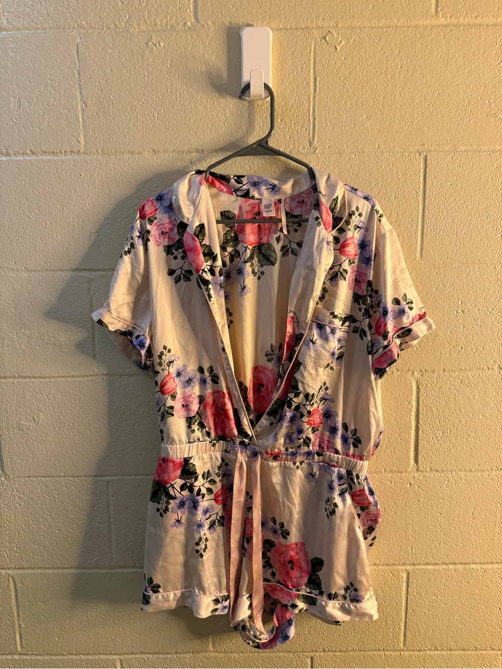 Victoria's Secret Cream Floral Romper with Pink & Purple Blooms